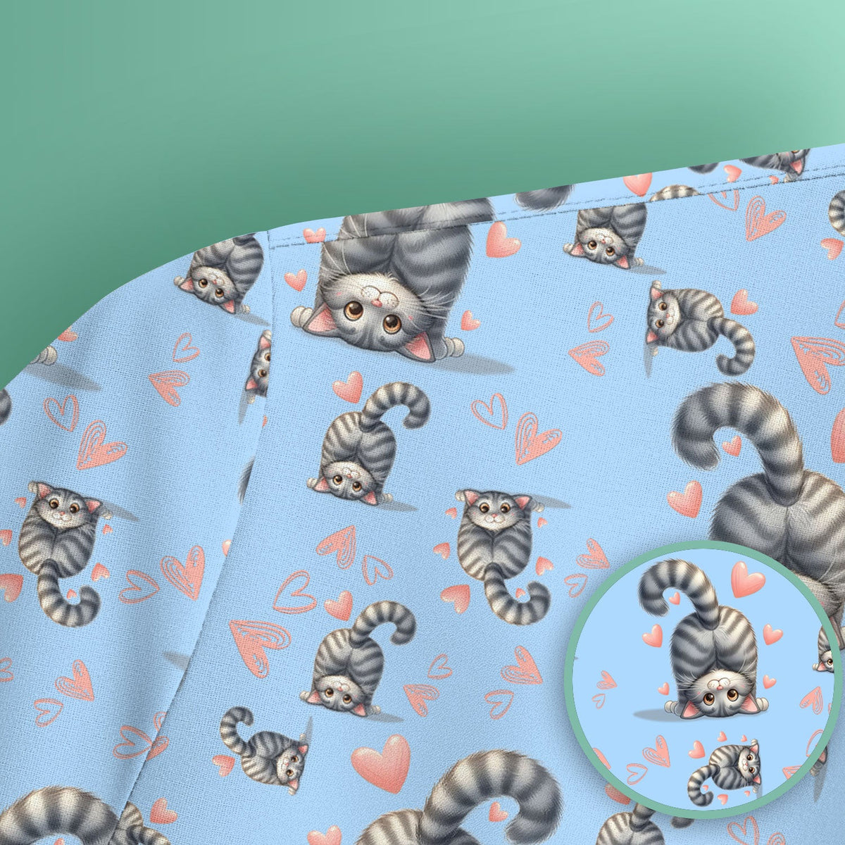 Valentine Cute Cat Scrub Top, Cat Heart Pattern Nurse Uniform, Comfortable Scrubs For Nurses