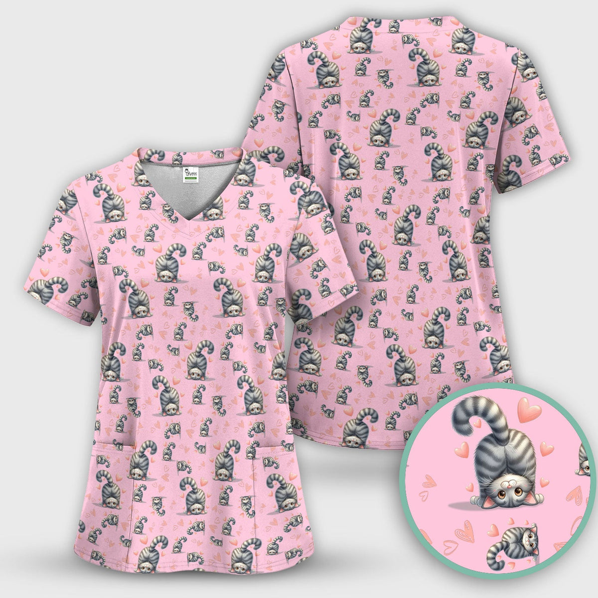 Valentine Cute Cat Scrub Top, Cat Heart Pattern Nurse Uniform, Comfortable Scrubs For Nurses