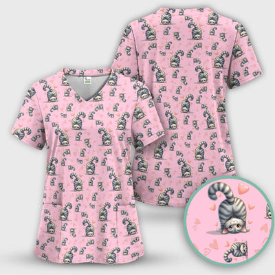 Valentine Cute Cat Scrub Top, Cat Heart Pattern Nurse Uniform, Comfortable Scrubs For Nurses