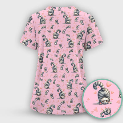 Valentine Cute Cat Scrub Top, Cat Heart Pattern Nurse Uniform, Comfortable Scrubs For Nurses
