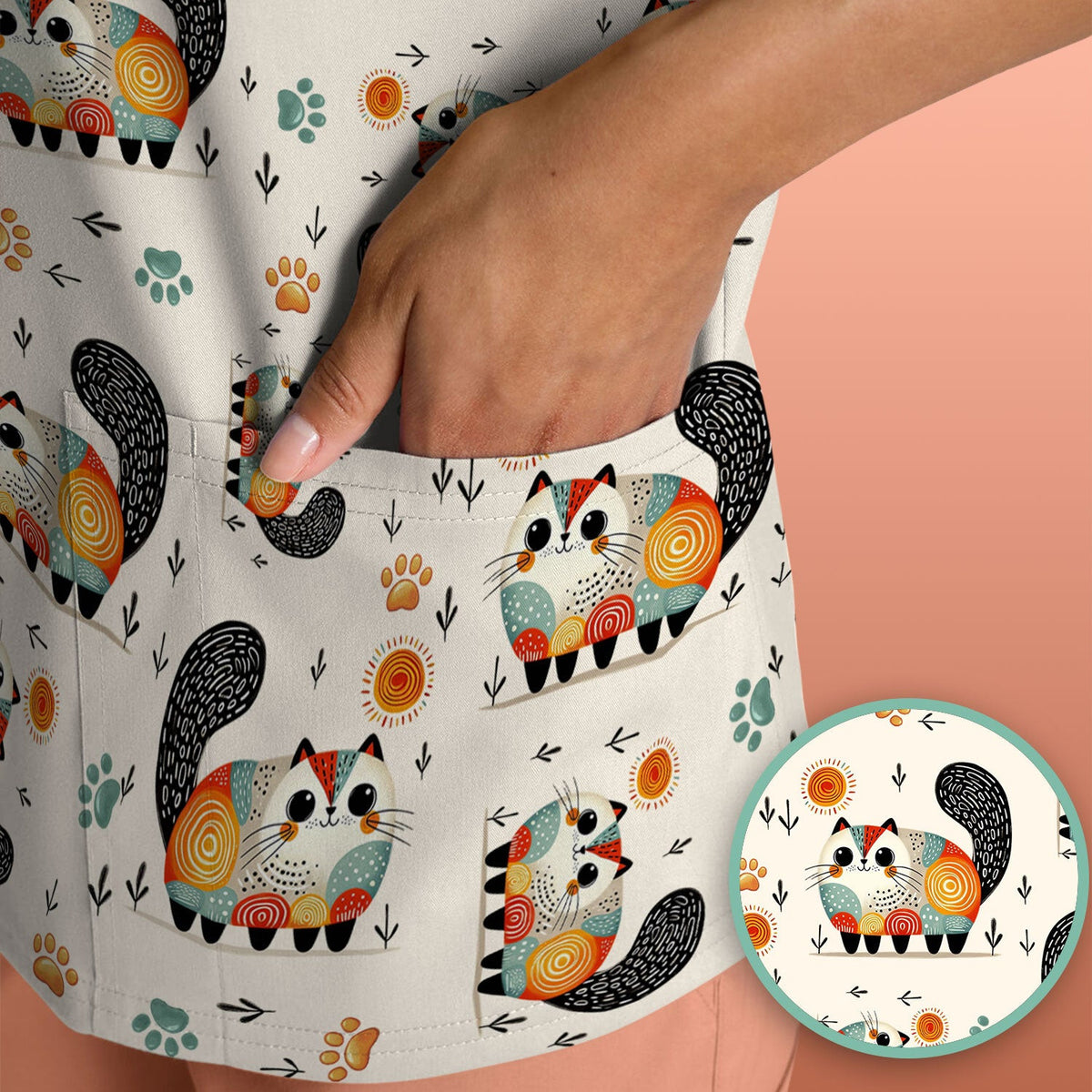 Playful Cat Illustration Nurse Scrub Top, Comfortable Scrubs for Nurses