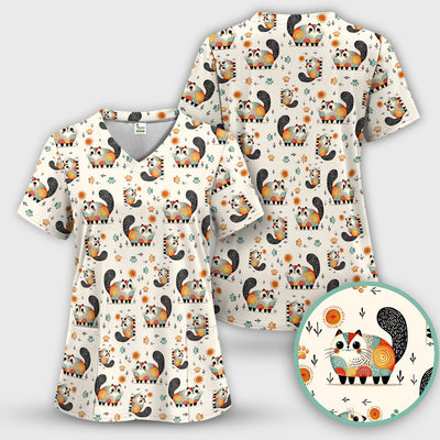 Playful Cat Illustration Nurse Scrub Top, Comfortable Scrubs for Nurses