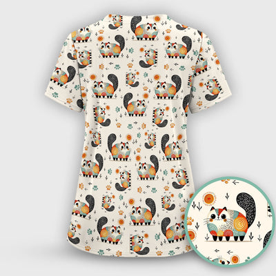 Playful Cat Illustration Nurse Scrub Top, Comfortable Scrubs for Nurses