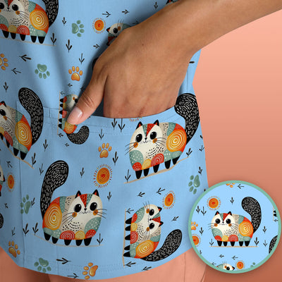 Playful Cat Illustration Nurse Scrub Top, Comfortable Scrubs for Nurses