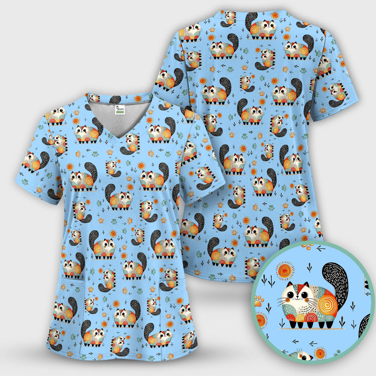 Playful Cat Illustration Nurse Scrub Top, Comfortable Scrubs for Nurses