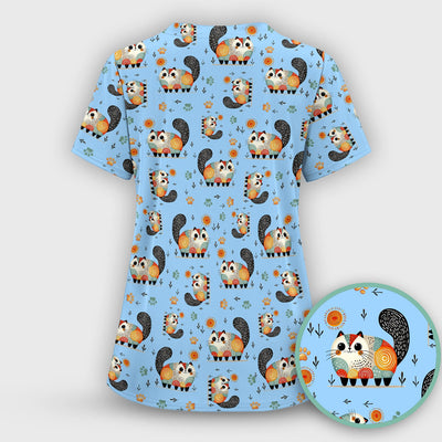 Playful Cat Illustration Nurse Scrub Top, Comfortable Scrubs for Nurses
