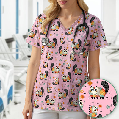 Playful Cat Illustration Nurse Scrub Top, Comfortable Scrubs for Nurses