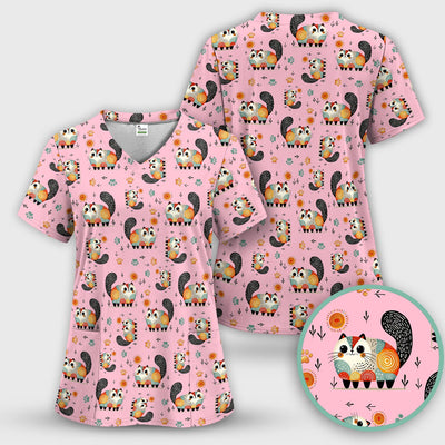 Playful Cat Illustration Nurse Scrub Top, Comfortable Scrubs for Nurses