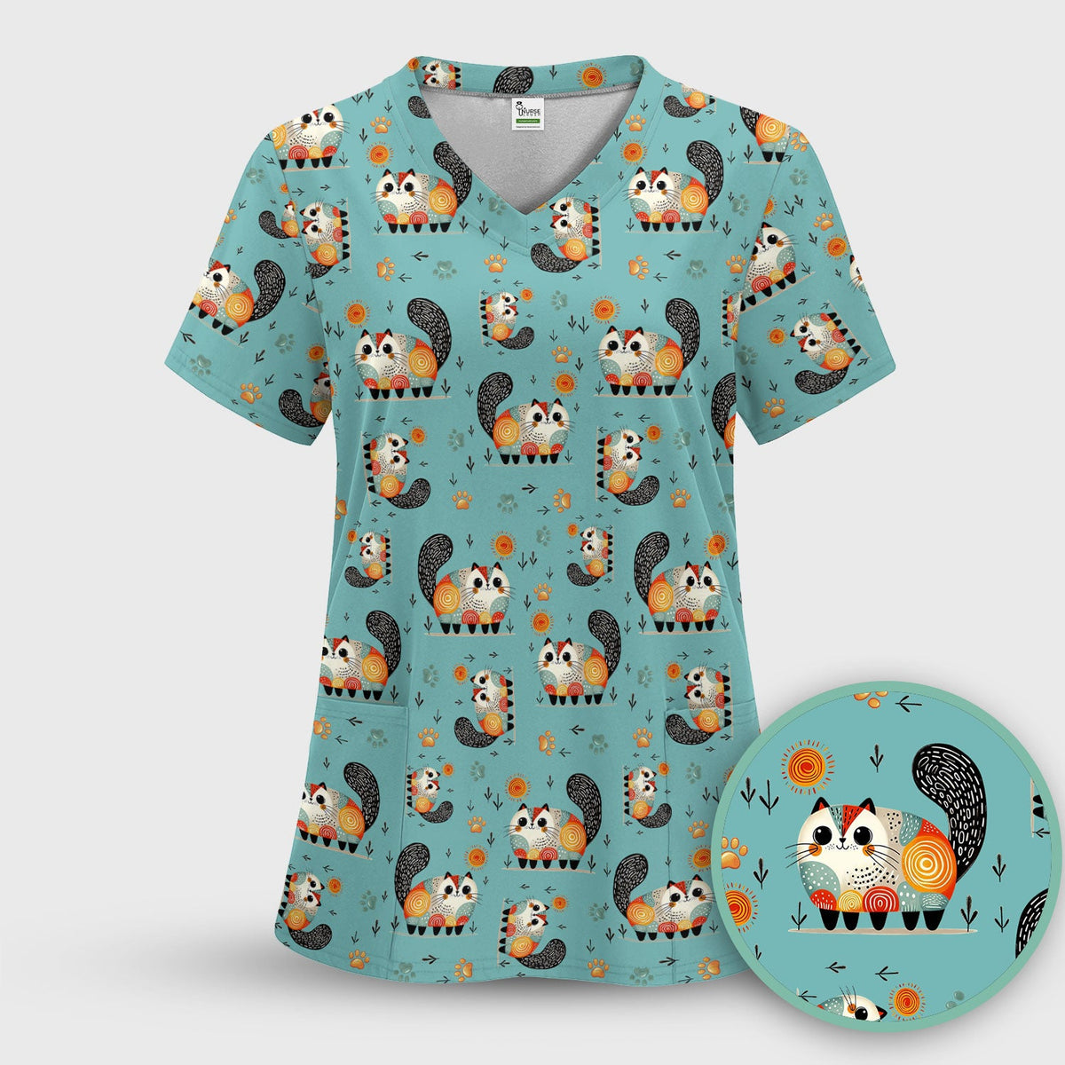 Playful Cat Illustration Nurse Scrub Top, Comfortable Scrubs for Nurses