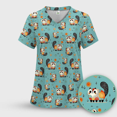 Playful Cat Illustration Nurse Scrub Top, Comfortable Scrubs for Nurses