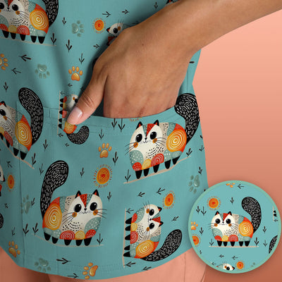 Playful Cat Illustration Nurse Scrub Top, Comfortable Scrubs for Nurses