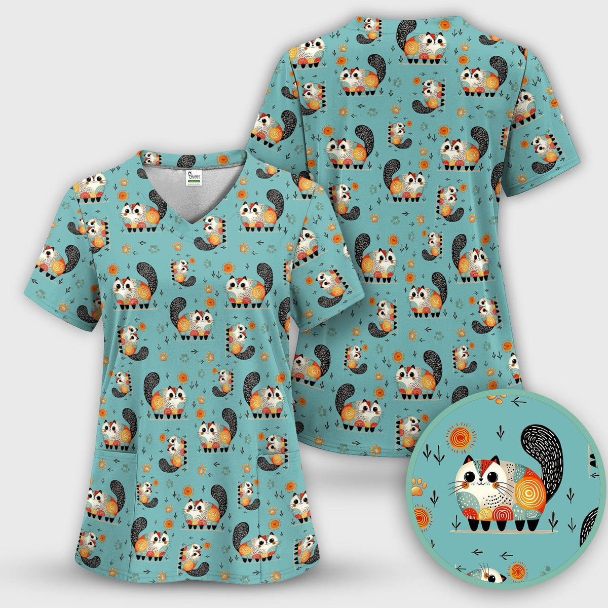 Playful Cat Illustration Nurse Scrub Top, Comfortable Scrubs for Nurses