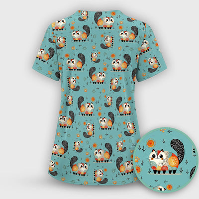 Playful Cat Illustration Nurse Scrub Top, Comfortable Scrubs for Nurses