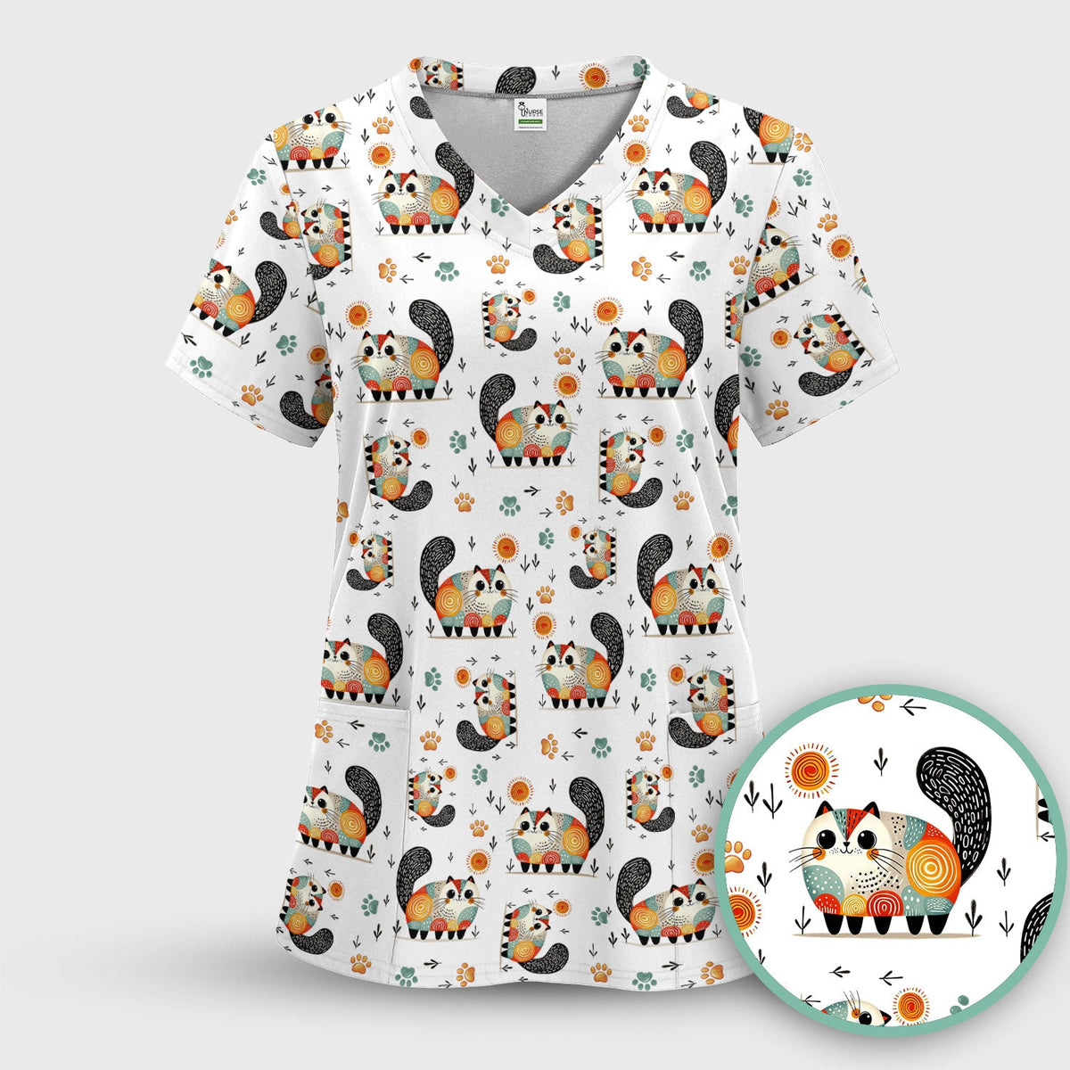 Playful Cat Illustration Nurse Scrub Top, Comfortable Scrubs for Nurses