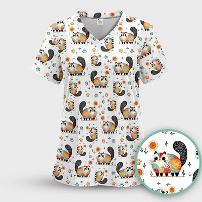 Playful Cat Illustration Nurse Scrub Top, Comfortable Scrubs for Nurses