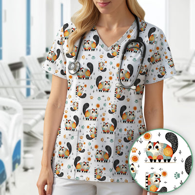 Playful Cat Illustration Nurse Scrub Top, Comfortable Scrubs for Nurses