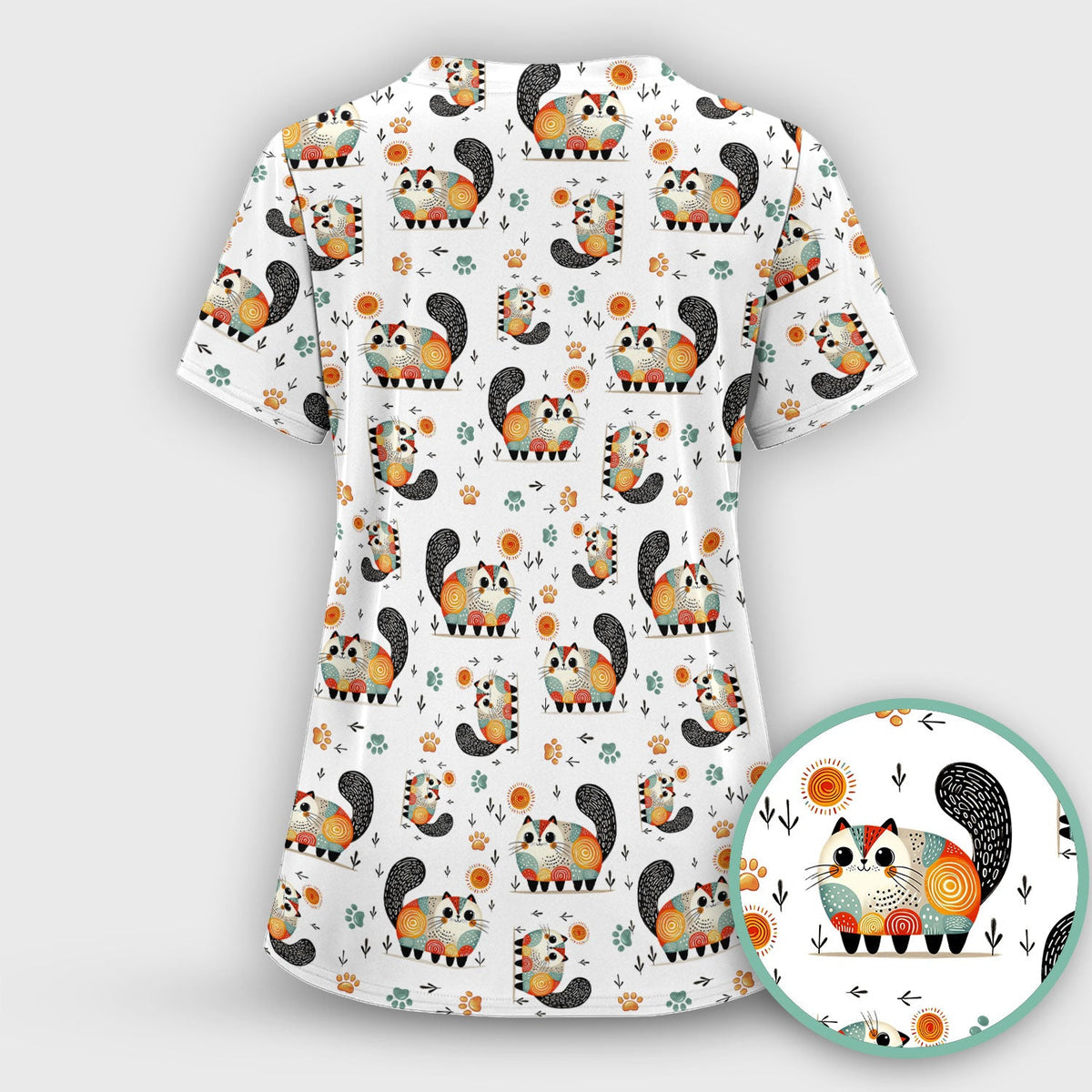 Playful Cat Illustration Nurse Scrub Top, Comfortable Scrubs for Nurses