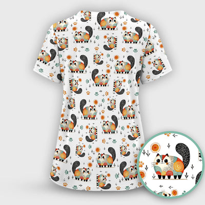 Playful Cat Illustration Nurse Scrub Top, Comfortable Scrubs for Nurses
