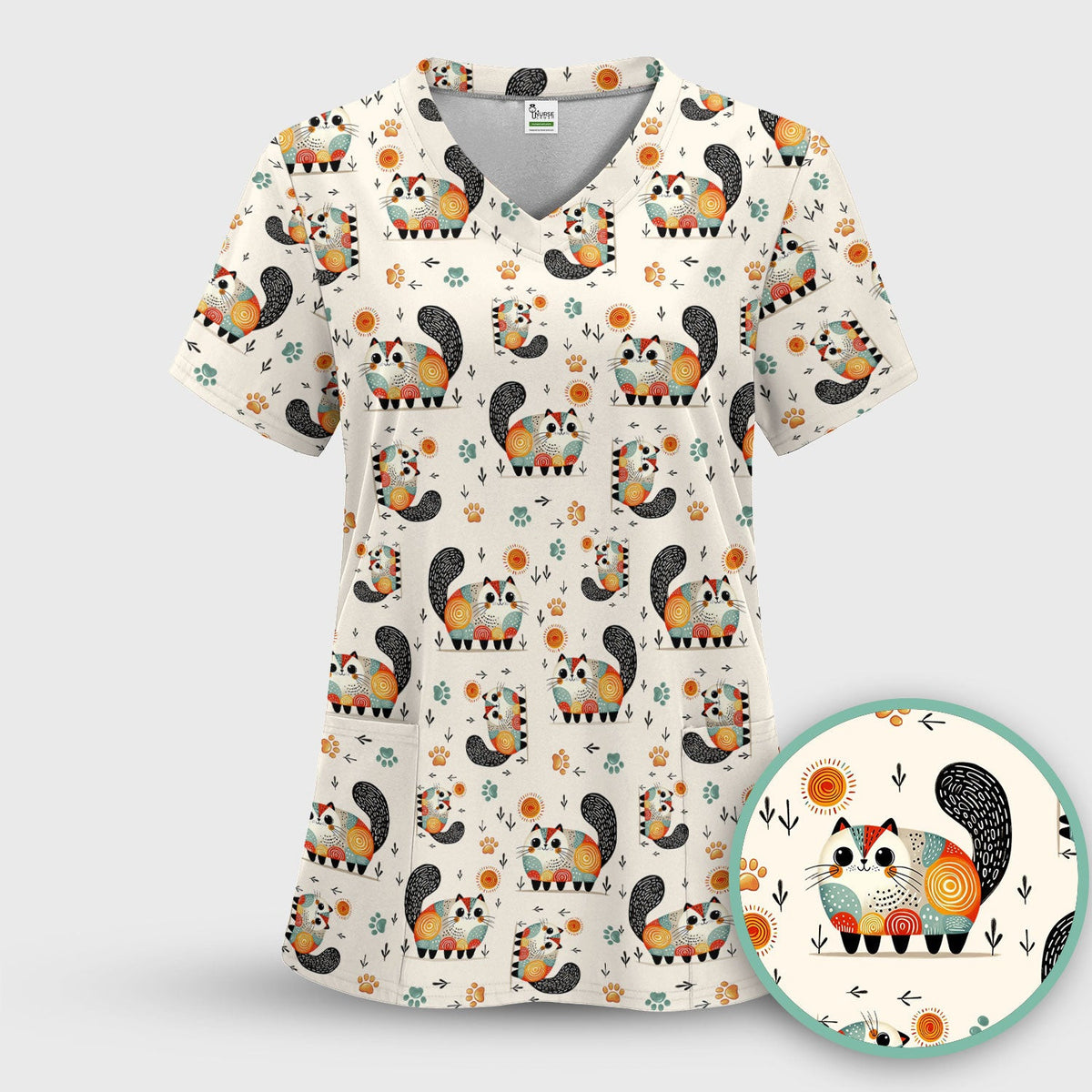 Playful Cat Illustration Nurse Scrub Top, Comfortable Scrubs for Nurses