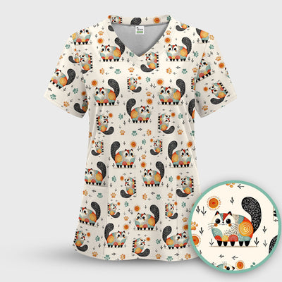 Playful Cat Illustration Nurse Scrub Top, Comfortable Scrubs for Nurses