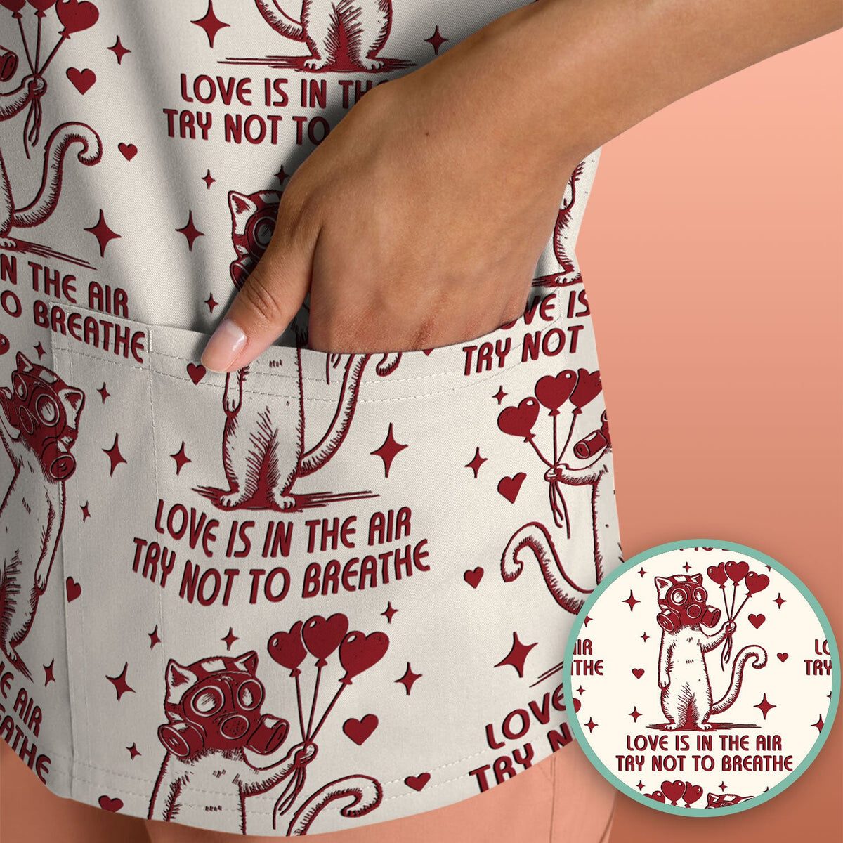 Gas Mask Cat Heart Balloon Valentine Print Scrub Top, Comfortable Scrubs for Nurses