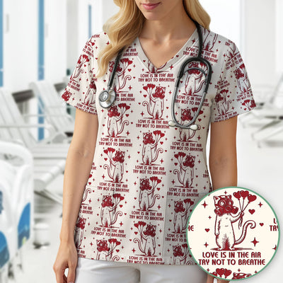 Gas Mask Cat Heart Balloon Valentine Print Scrub Top, Comfortable Scrubs for Nurses