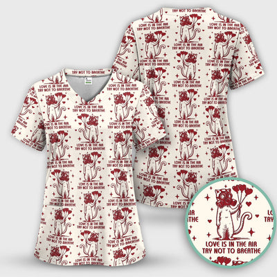 Gas Mask Cat Heart Balloon Valentine Print Scrub Top, Comfortable Scrubs for Nurses