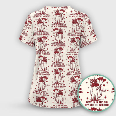 Gas Mask Cat Heart Balloon Valentine Print Scrub Top, Comfortable Scrubs for Nurses