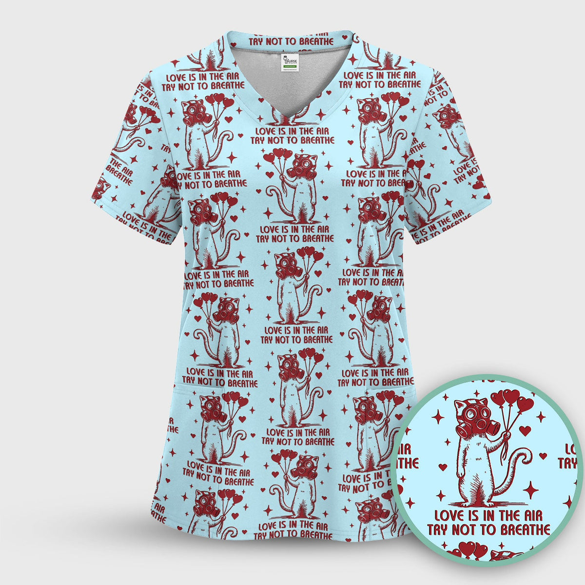 Gas Mask Cat Heart Balloon Valentine Print Scrub Top, Comfortable Scrubs for Nurses
