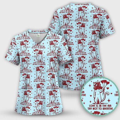 Gas Mask Cat Heart Balloon Valentine Print Scrub Top, Comfortable Scrubs for Nurses