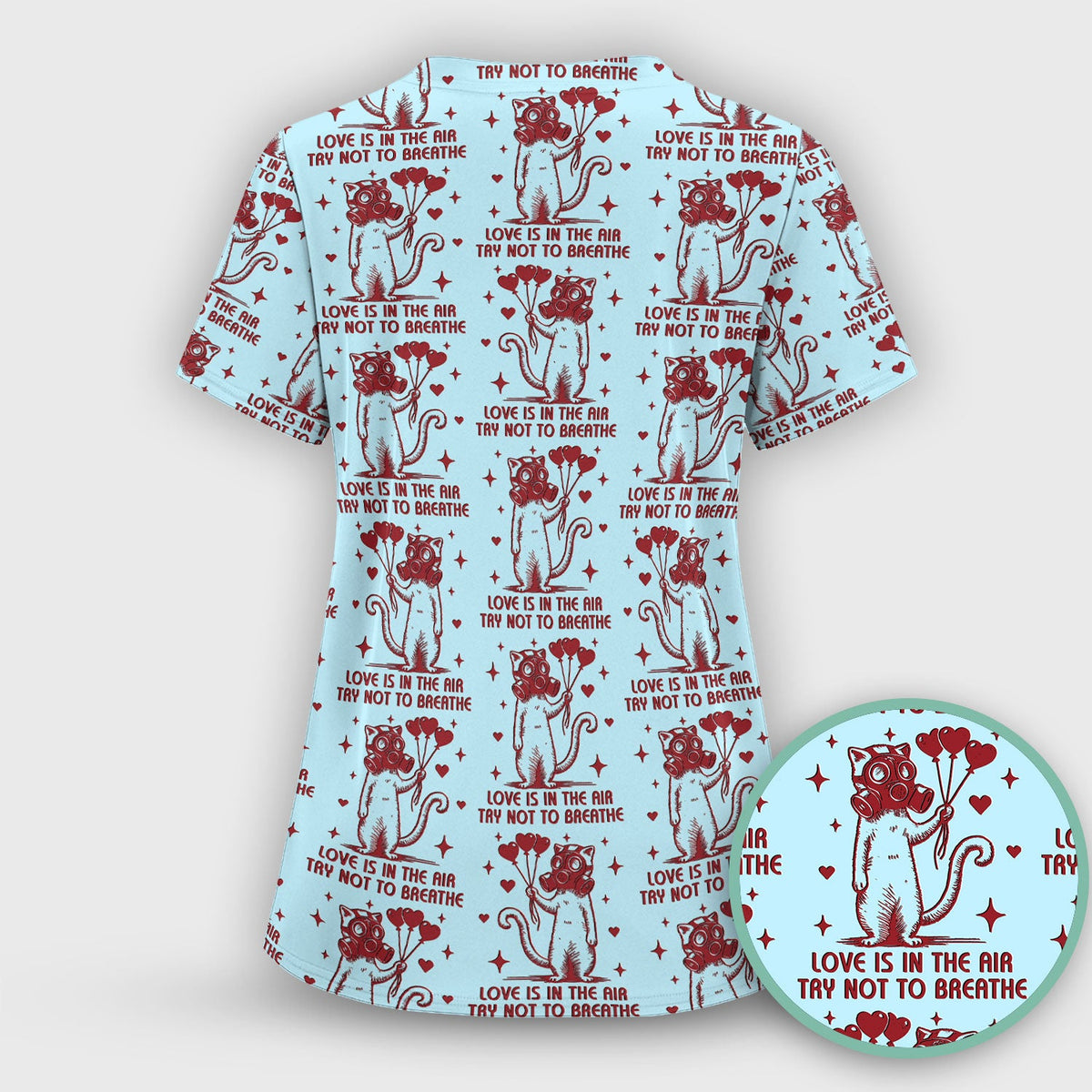 Gas Mask Cat Heart Balloon Valentine Print Scrub Top, Comfortable Scrubs for Nurses