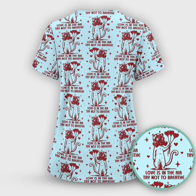 Gas Mask Cat Heart Balloon Valentine Print Scrub Top, Comfortable Scrubs for Nurses
