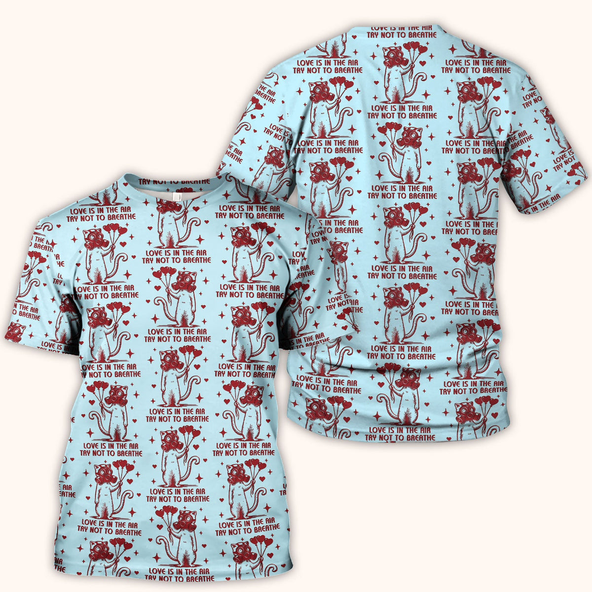 Gas Mask Cat Heart Balloon Valentine Print Scrub Top, Comfortable Scrubs for Nurses