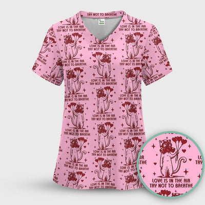 Gas Mask Cat Heart Balloon Valentine Print Scrub Top, Comfortable Scrubs for Nurses