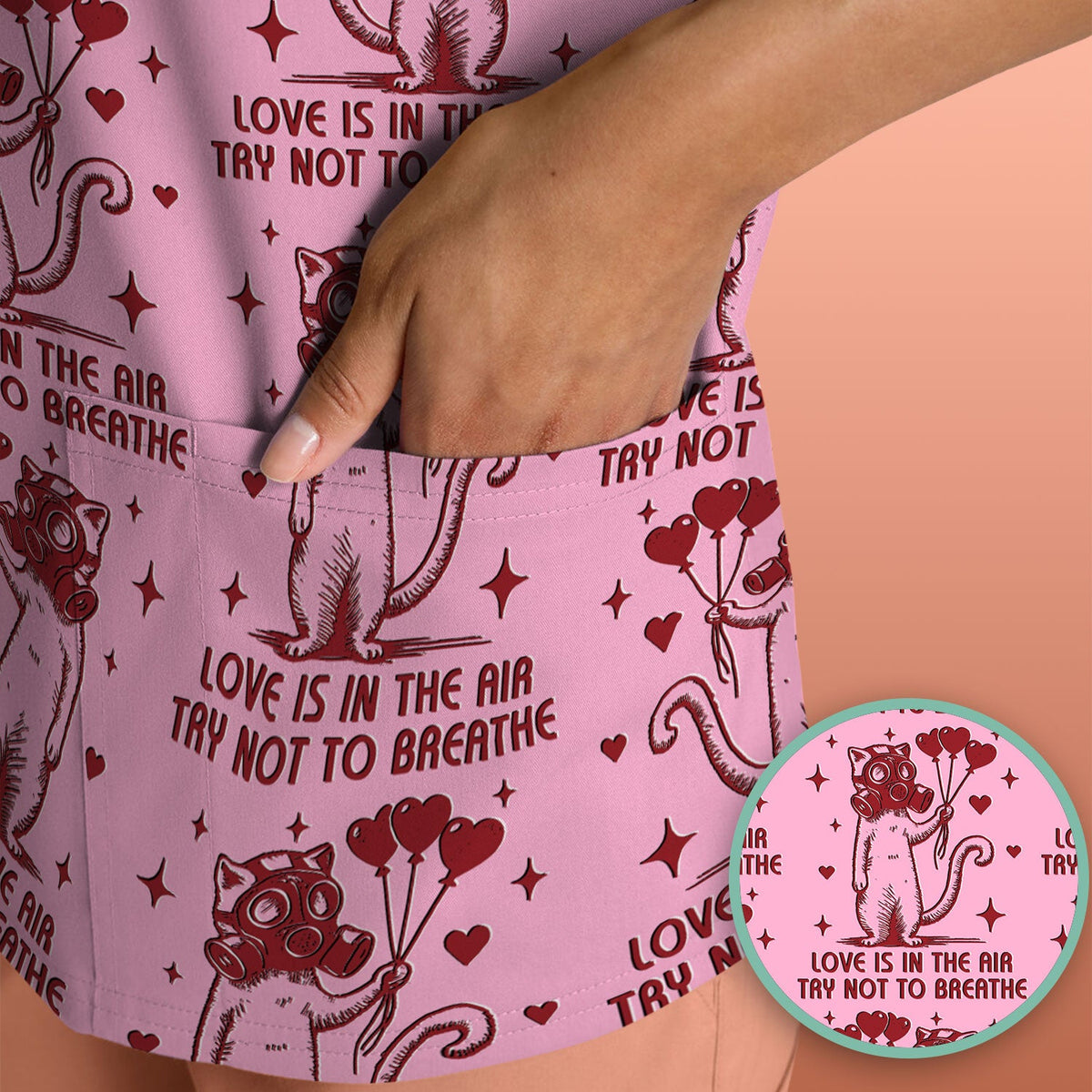 Gas Mask Cat Heart Balloon Valentine Print Scrub Top, Comfortable Scrubs for Nurses