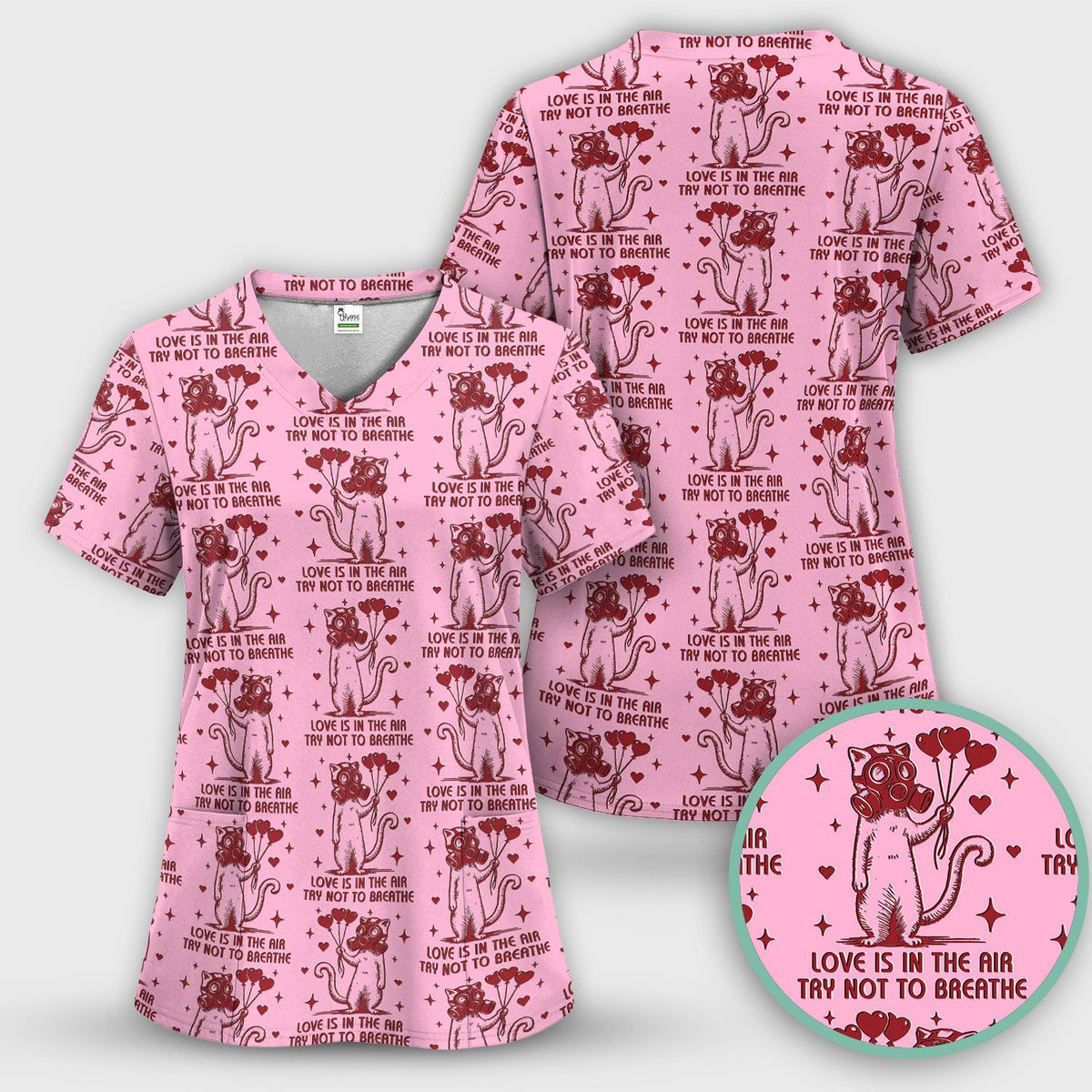 Gas Mask Cat Heart Balloon Valentine Print Scrub Top, Comfortable Scrubs for Nurses
