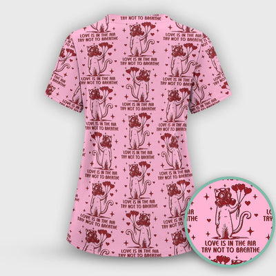 Gas Mask Cat Heart Balloon Valentine Print Scrub Top, Comfortable Scrubs for Nurses
