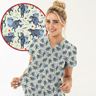Playful Raccoon Trash Print Nurse Scrub Top, Comfortable Scrubs for Nurses