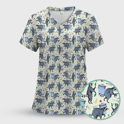 Playful Raccoon Trash Print Nurse Scrub Top, Comfortable Scrubs for Nurses