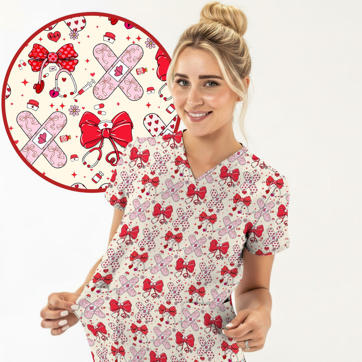 Valentine Nurse Scrub Top, Red Bow And Heart Bandage Pattern Medical Shirt, Breathable Fabrics Nursing Uniform