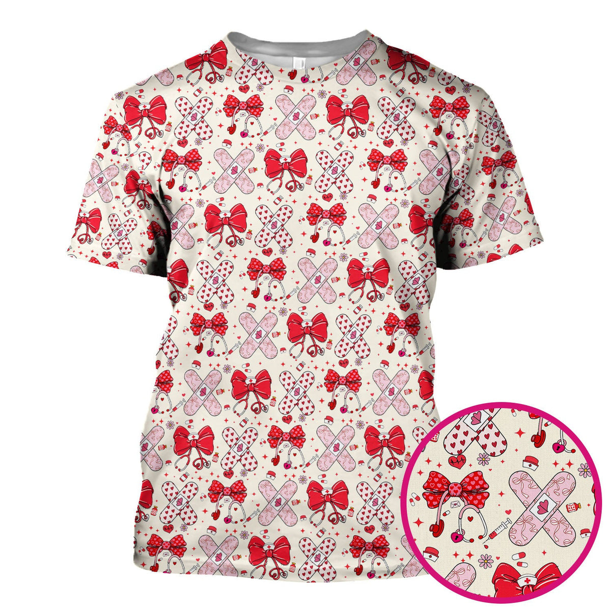 Valentine Nurse Scrub Top, Red Bow And Heart Bandage Pattern Medical Shirt, Breathable Fabrics Nursing Uniform