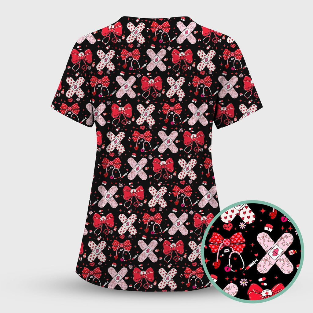 Valentine Nurse Scrub Top, Red Bow And Heart Bandage Pattern Medical Shirt, Breathable Fabrics Nursing Uniform