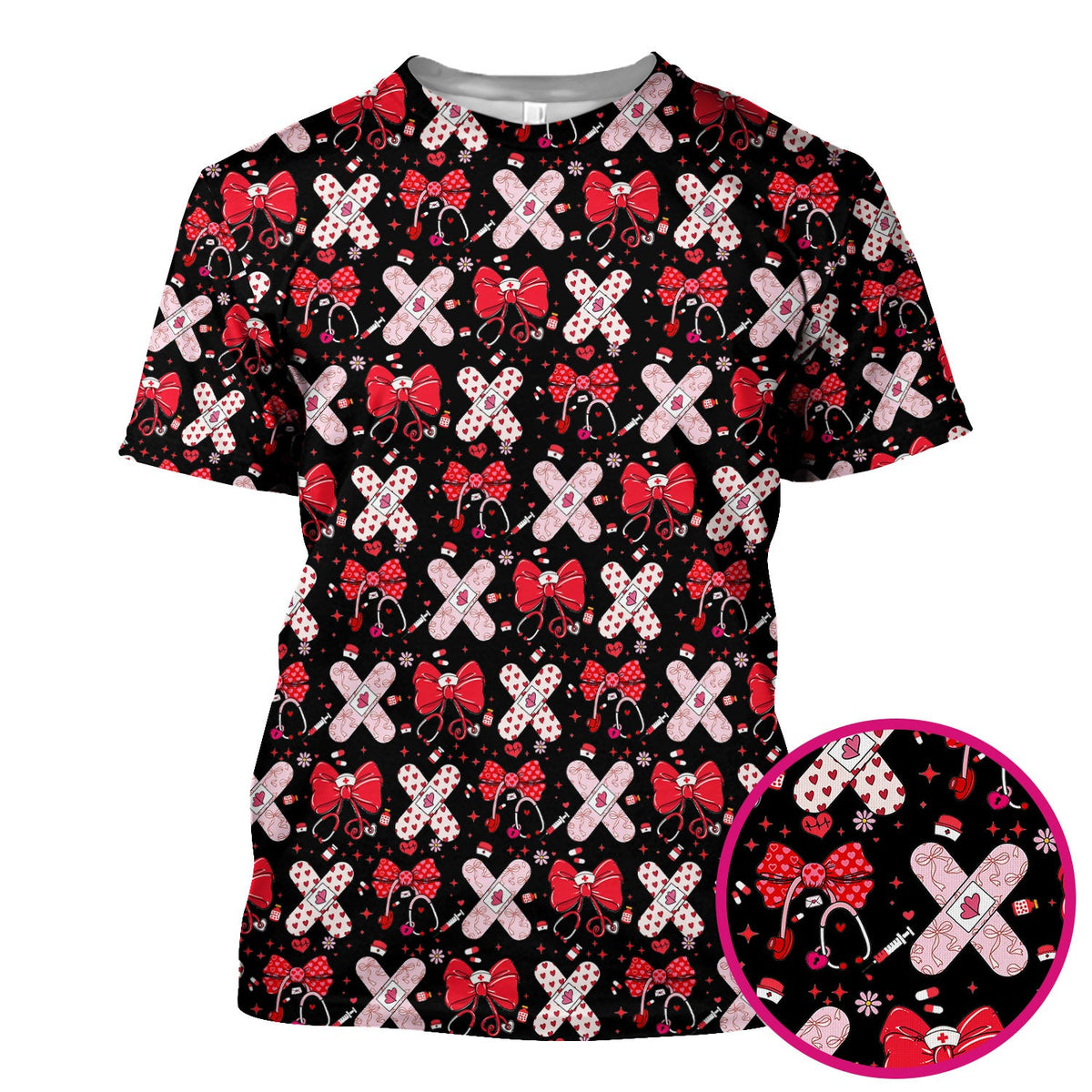 Valentine Nurse Scrub Top, Red Bow And Heart Bandage Pattern Medical Shirt, Breathable Fabrics Nursing Uniform