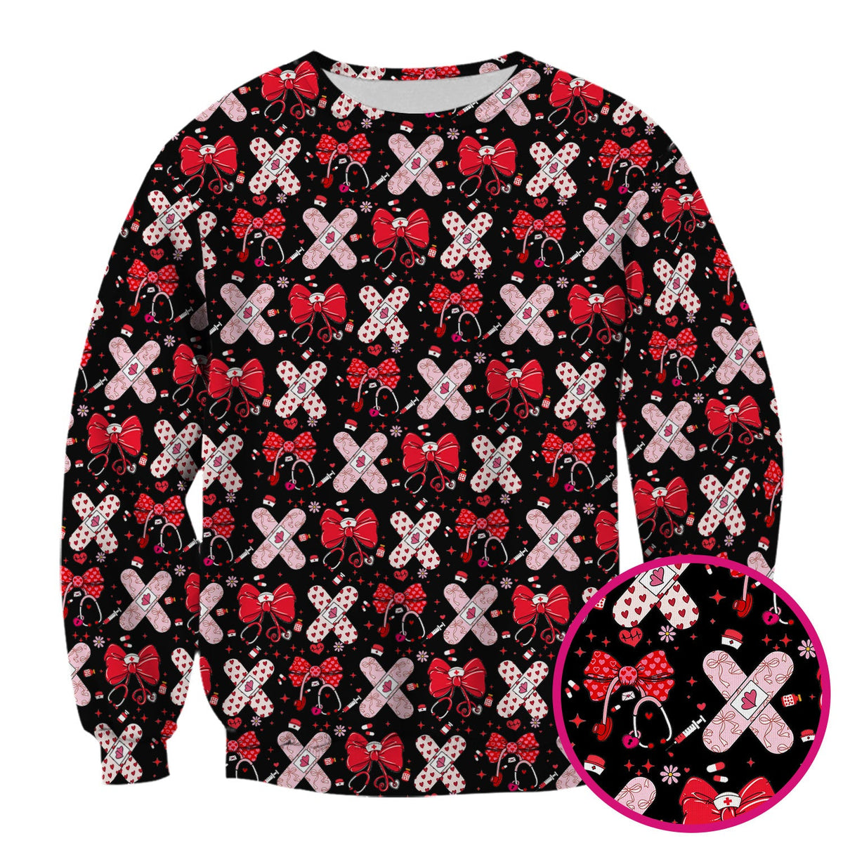 Valentine Nurse Scrub Top, Red Bow And Heart Bandage Pattern Medical Shirt, Breathable Fabrics Nursing Uniform