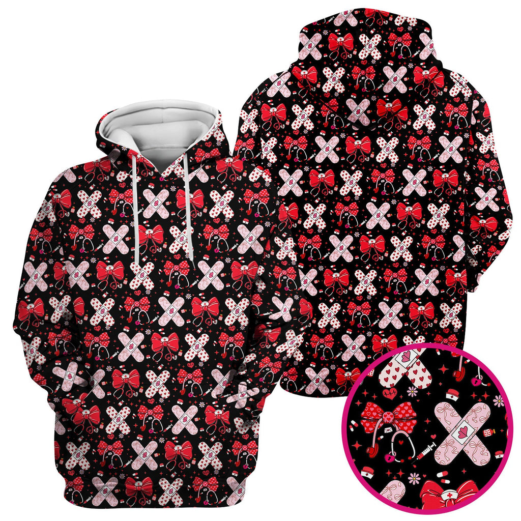 Valentine Nurse Scrub Top, Red Bow And Heart Bandage Pattern Medical Shirt, Breathable Fabrics Nursing Uniform