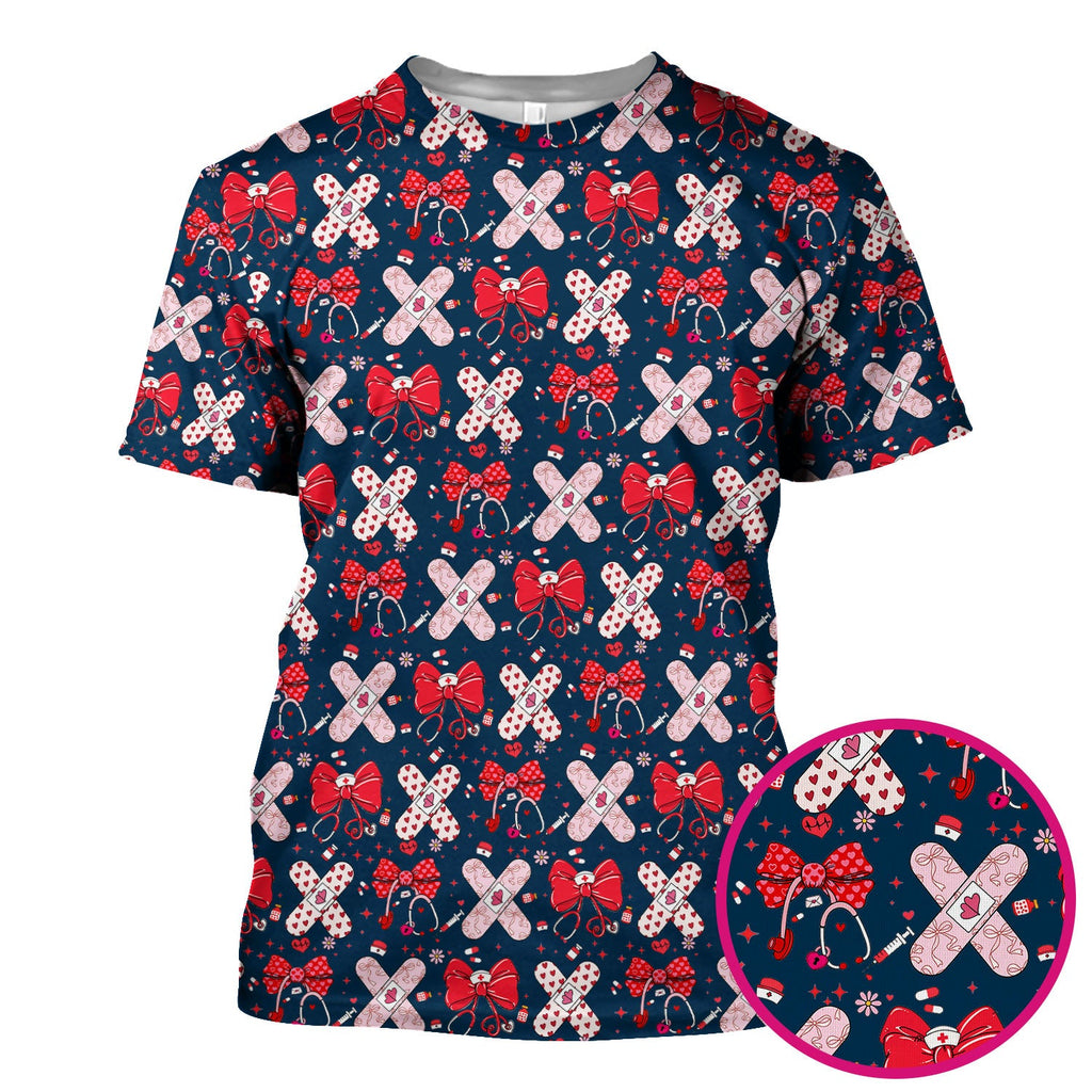 Valentine Nurse Scrub Top, Red Bow And Heart Bandage Pattern Medical Shirt, Breathable Fabrics Nursing Uniform