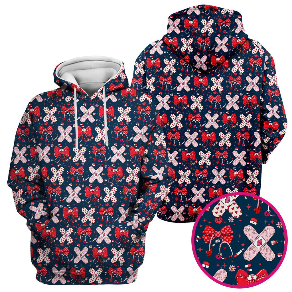 Valentine Nurse Scrub Top, Red Bow And Heart Bandage Pattern Medical Shirt, Breathable Fabrics Nursing Uniform
