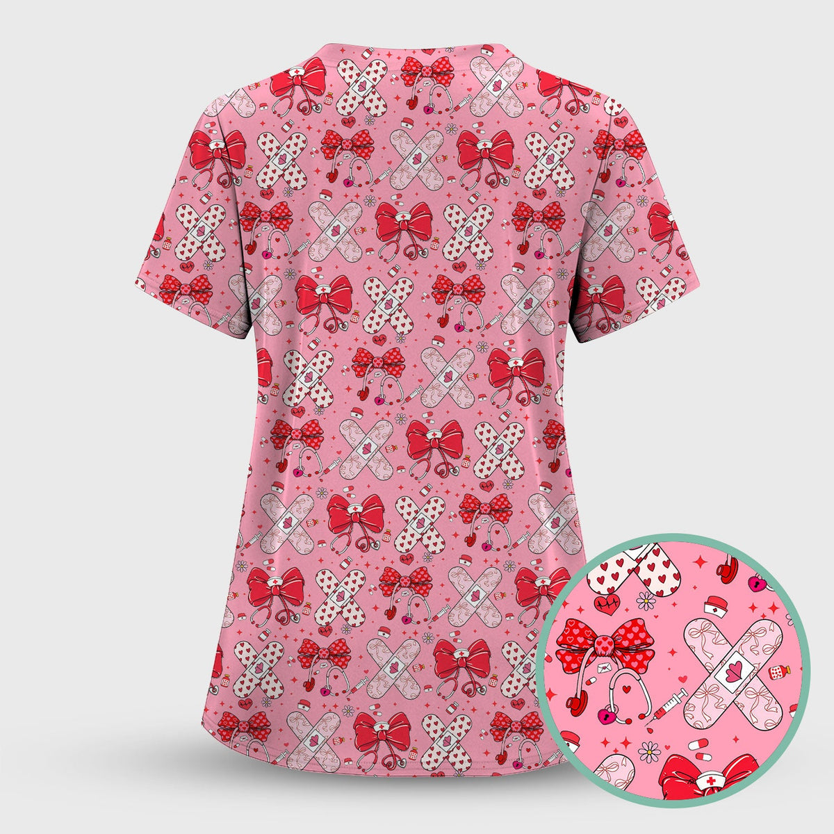 Valentine Nurse Scrub Top, Red Bow And Heart Bandage Pattern Medical Shirt, Breathable Fabrics Nursing Uniform