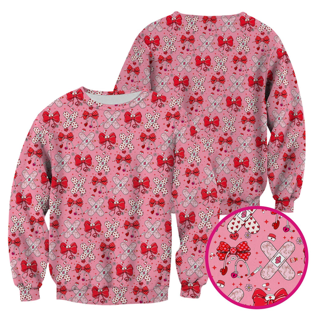 Valentine Nurse Scrub Top, Red Bow And Heart Bandage Pattern Medical Shirt, Breathable Fabrics Nursing Uniform