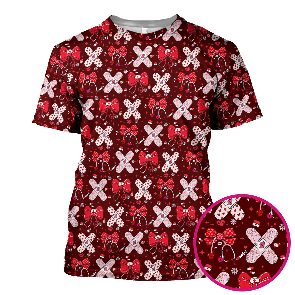 Valentine Nurse Scrub Top, Red Bow And Heart Bandage Pattern Medical Shirt, Breathable Fabrics Nursing Uniform